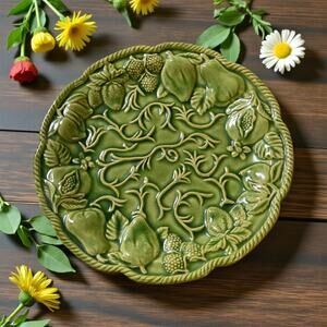 Majolica Style Plate Platter Green 12"x12" Vine Fruit Berries Boho Art Deco Look